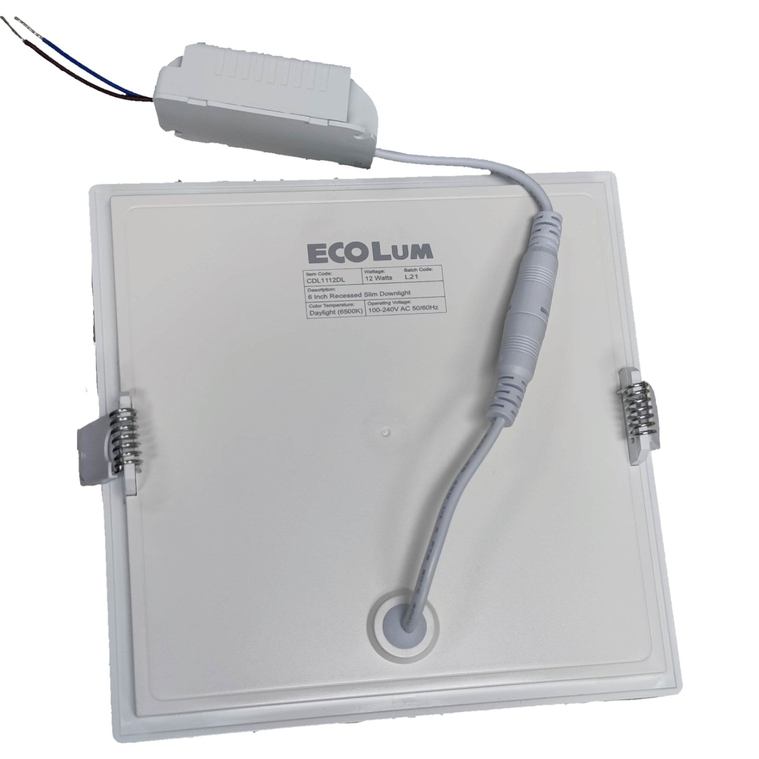 EcoLum LED light panel with wiring on a white background