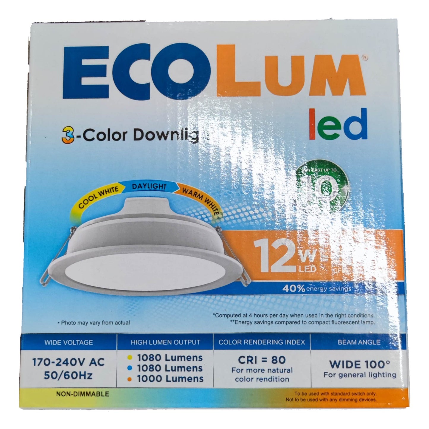 Ecolum LED downlight packaging with product details on a white background
