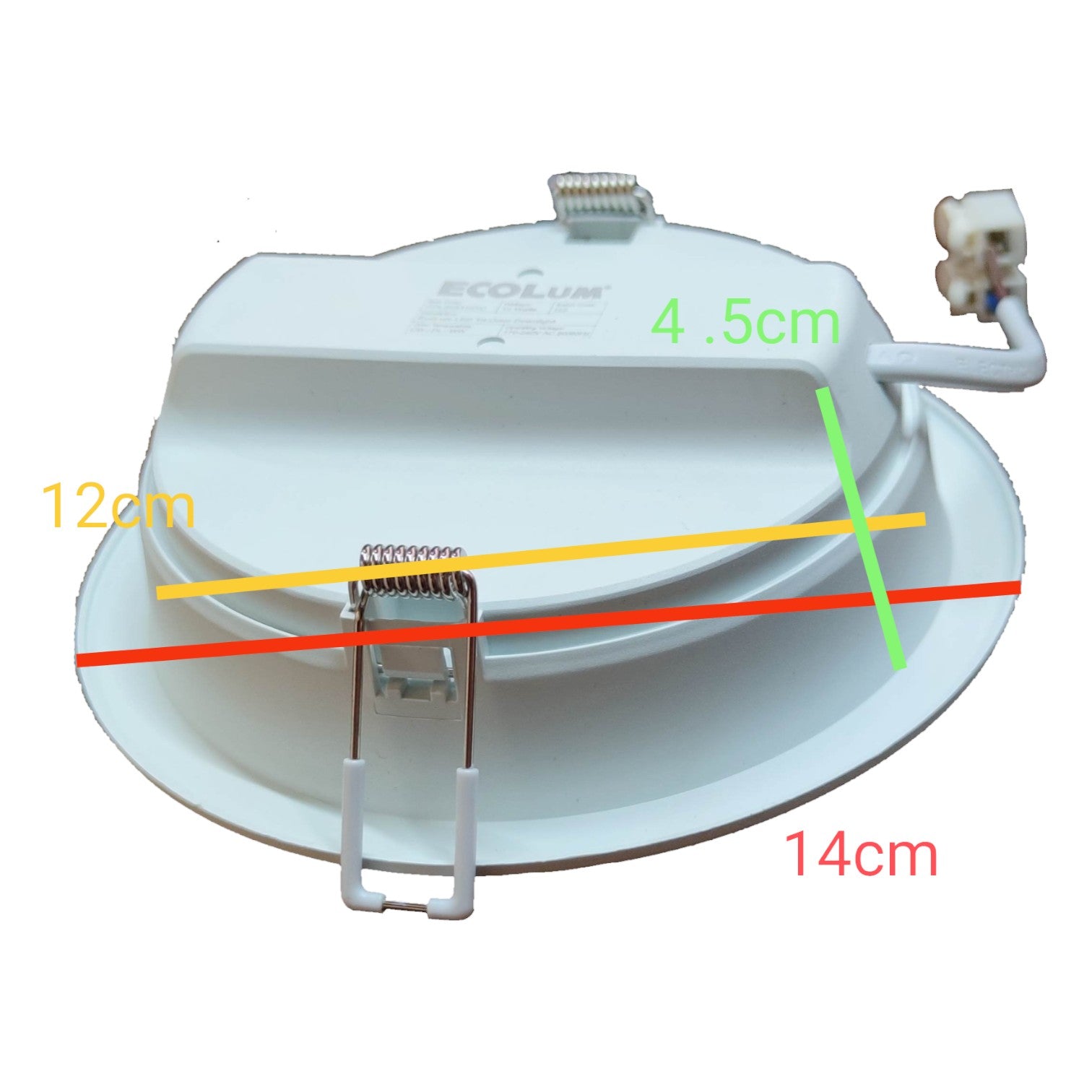 White LED downlight with measurements on a white background