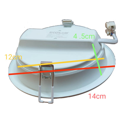 White LED downlight with measurements on a white background