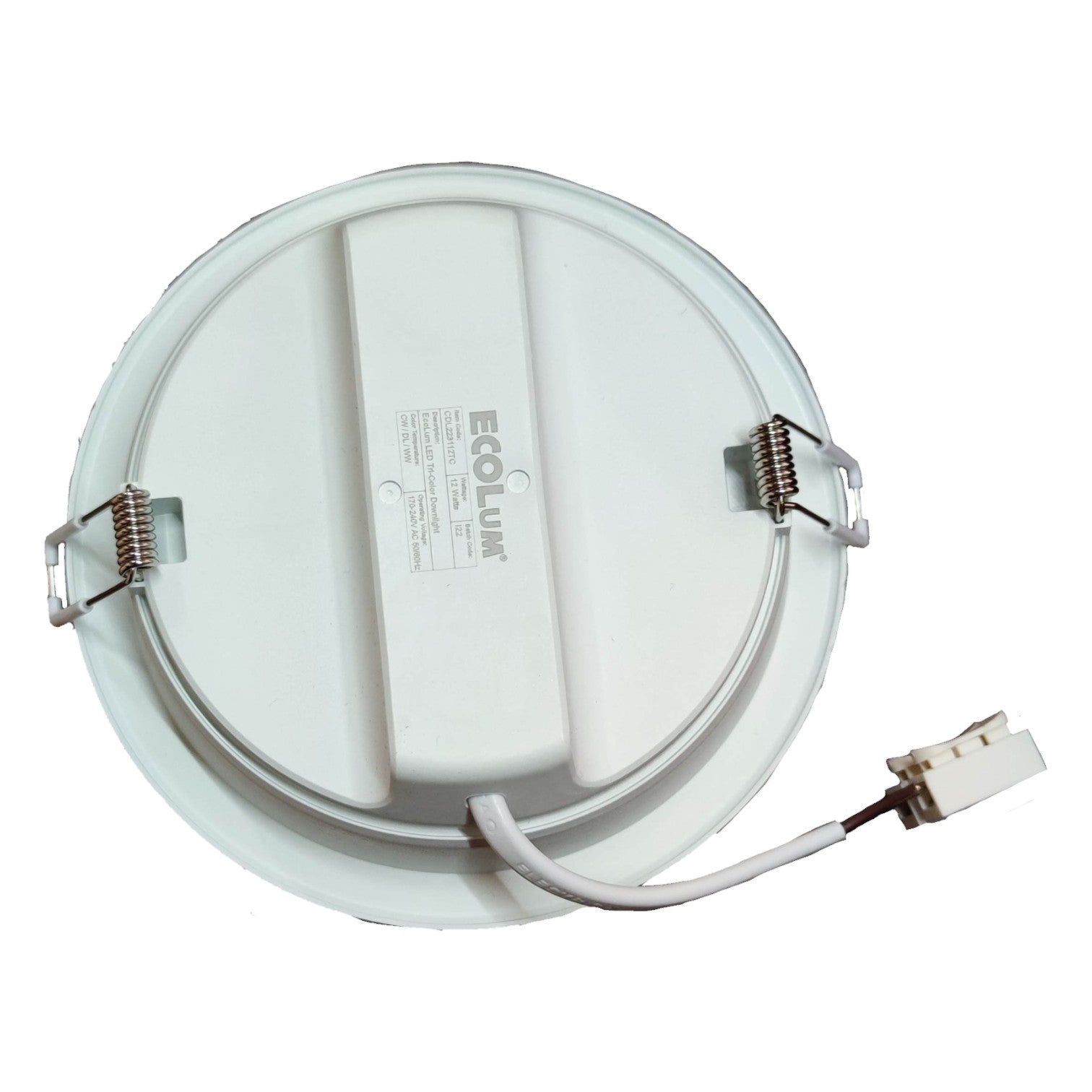 White LED downlight with visible branding on a white background