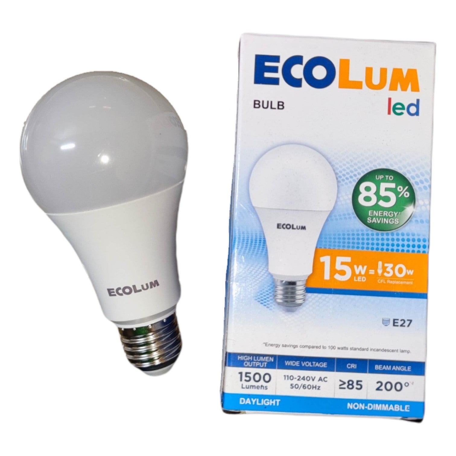 Ecolum LED bulb and packaging on a white background