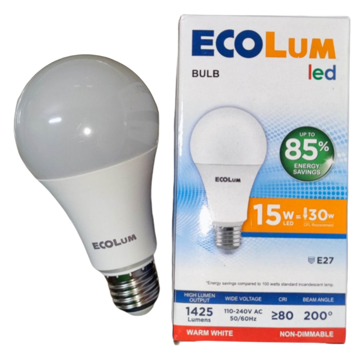 EcoLum LED bulb with packaging on a white background