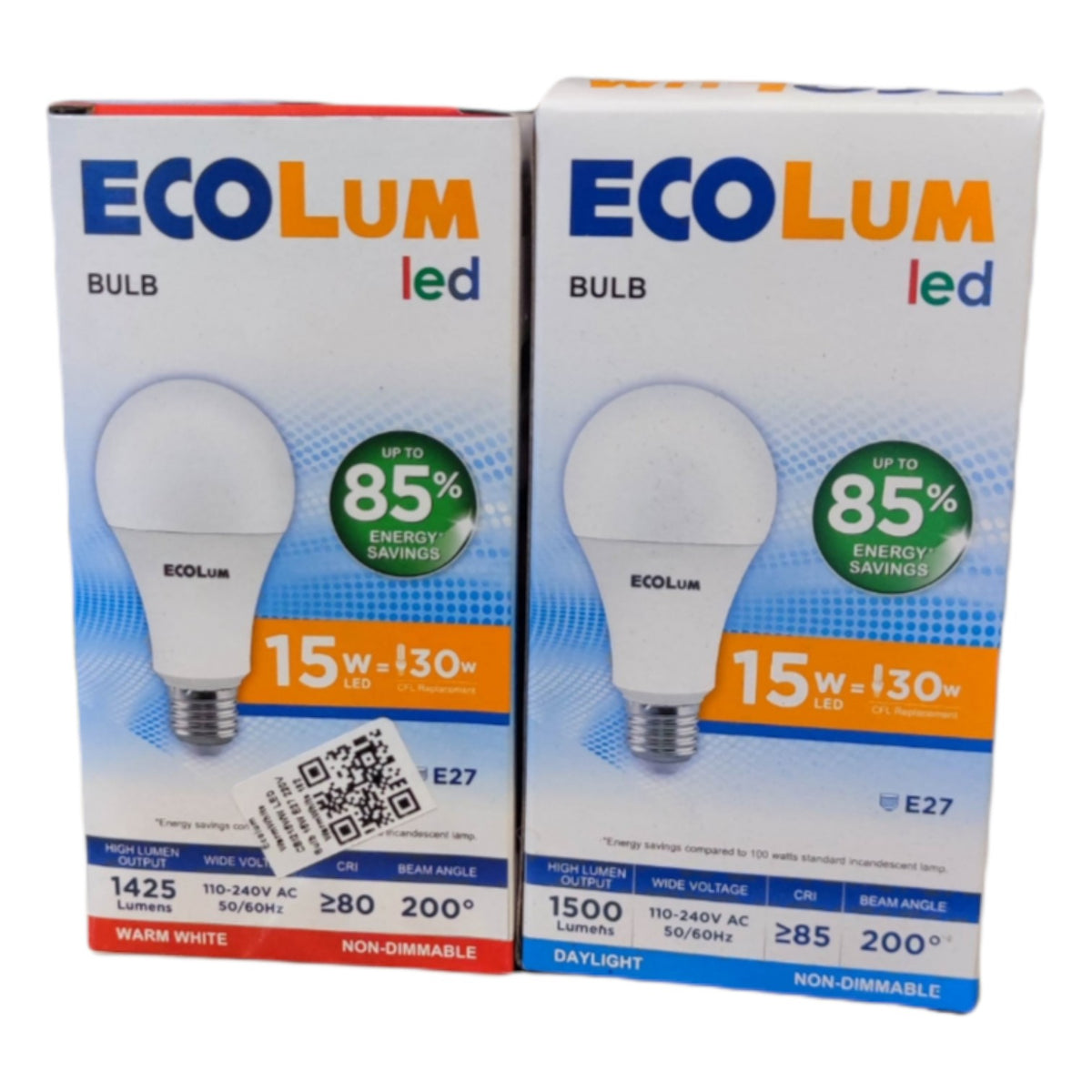 Two boxes of ECOLUM LED bulbs on a white background
