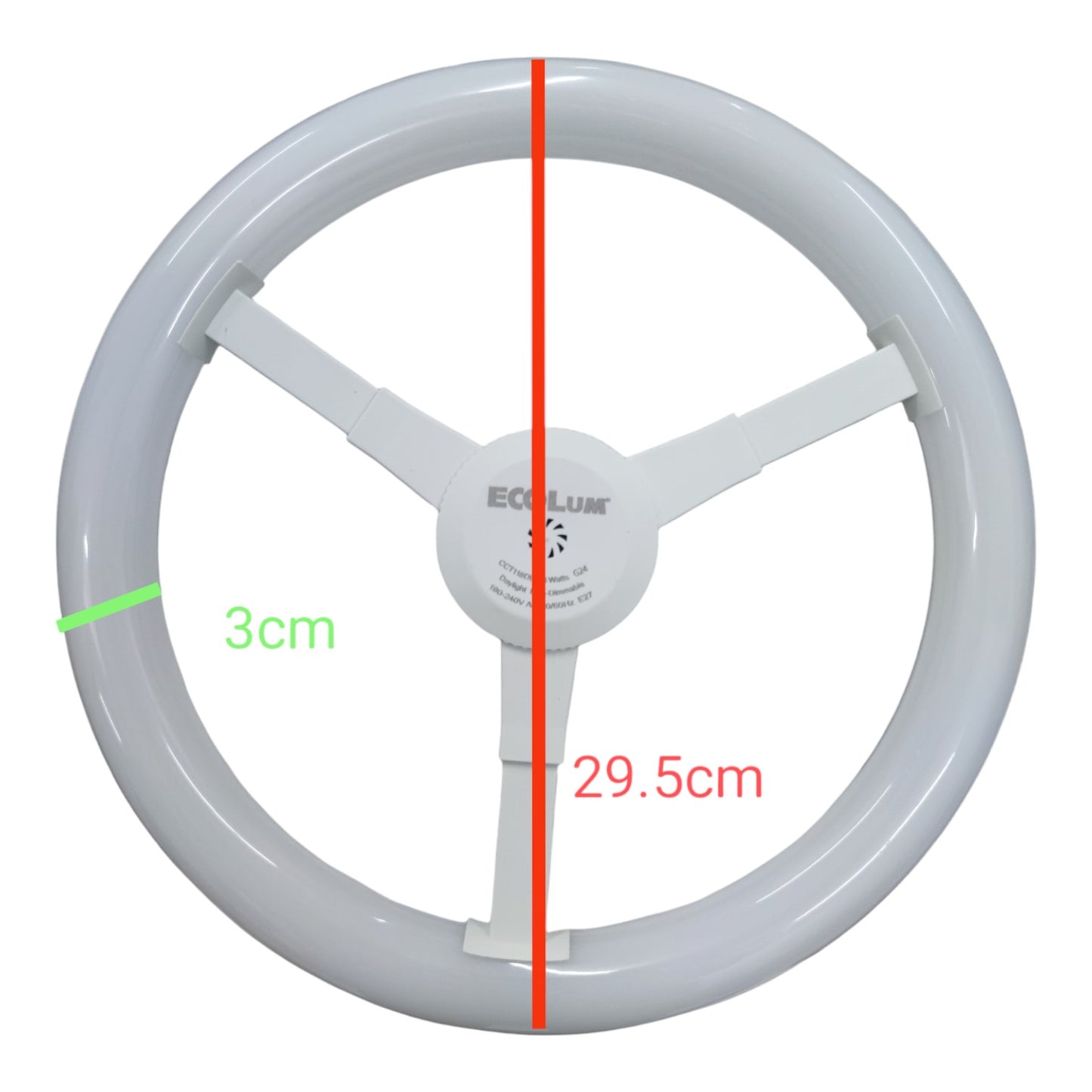 Circular light bulb with measurements on a white background