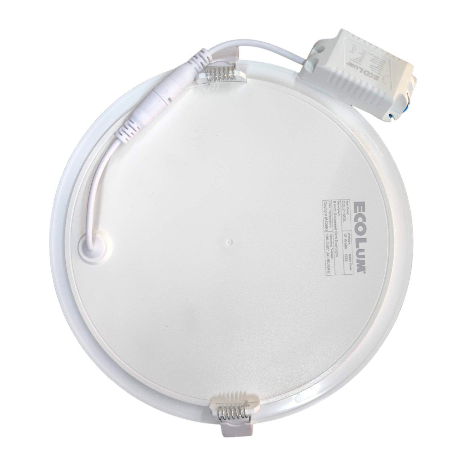 Round LED light fixture with visible brand 'Ecolum' on a white background