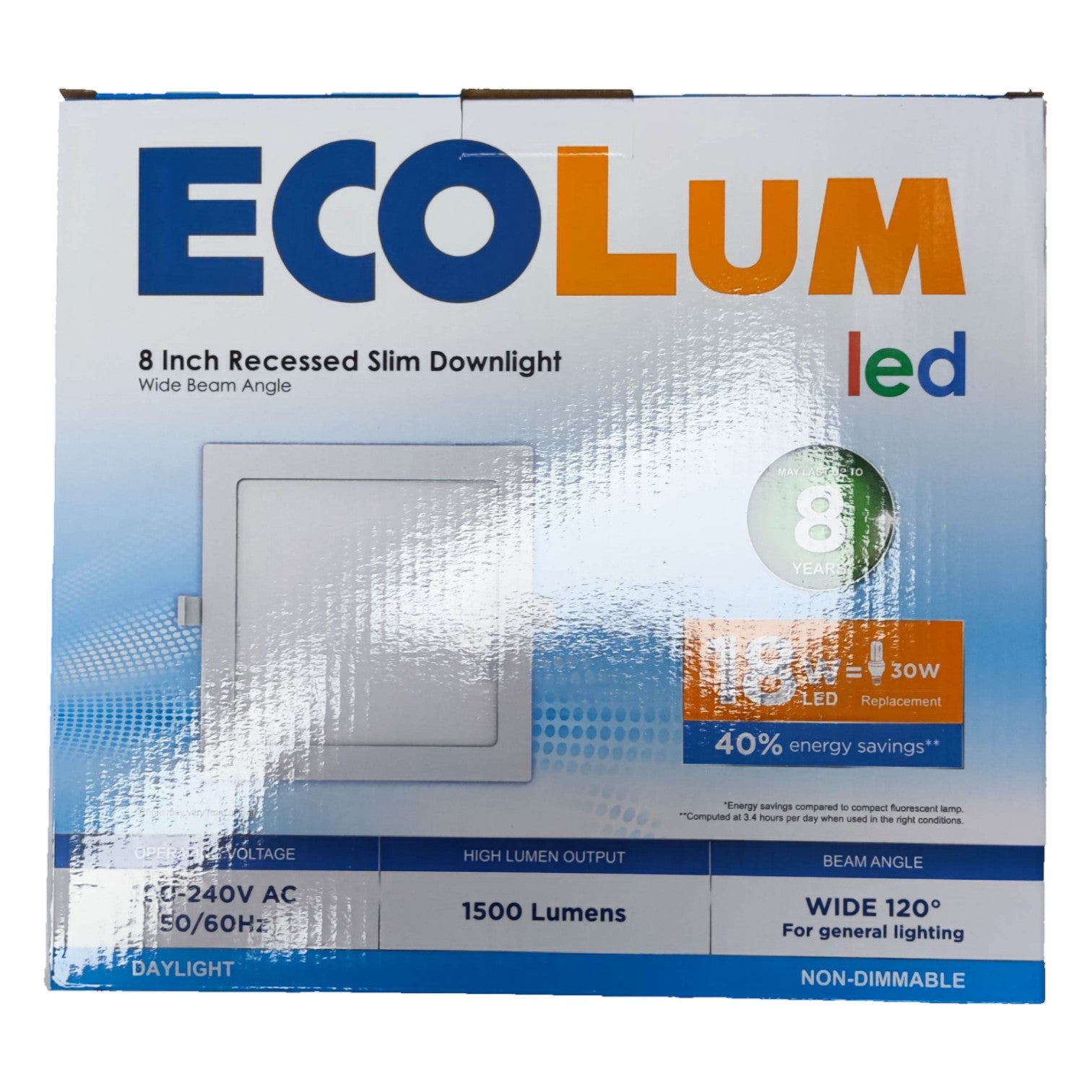 Ecolum LED recessed downlight packaging on a white background