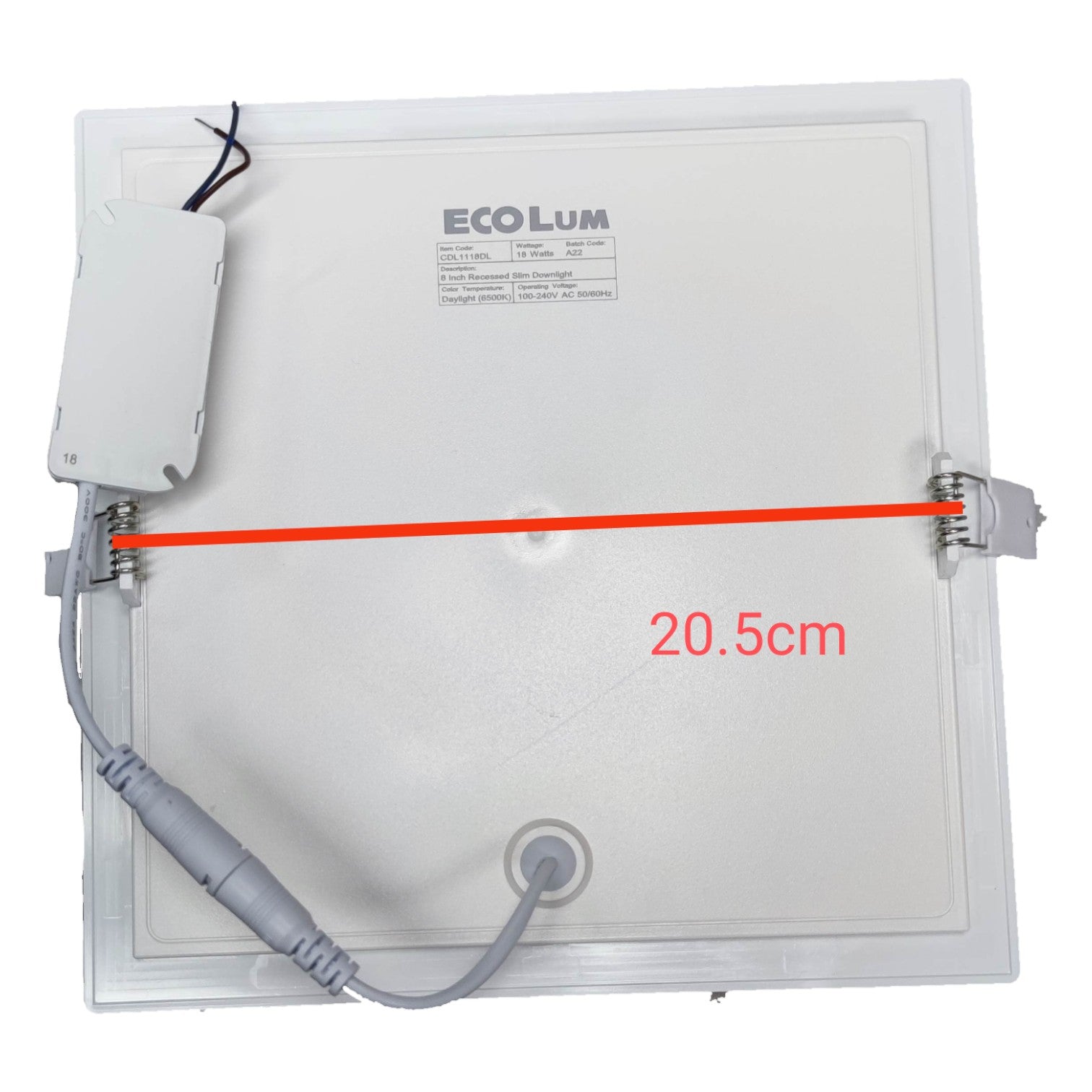 Rectangular light panel with 'Ecolum' branding and dimensions labeled on a white background
