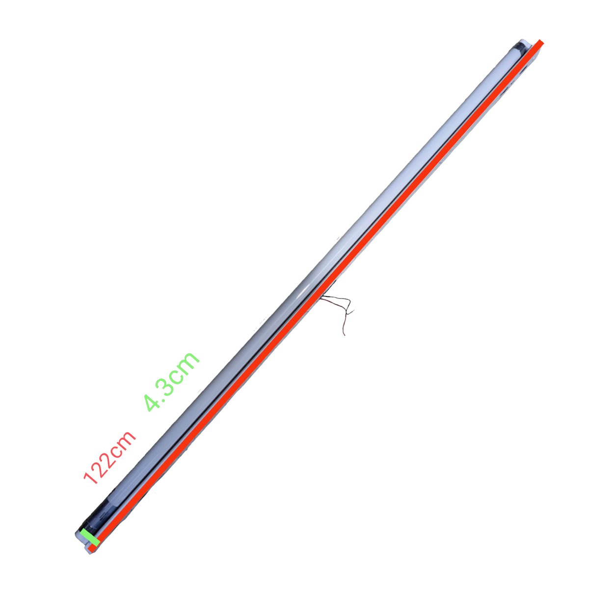 Ecolum 18W LED fluorescent tube with fixture, measuring 122cm by 4.3cm for efficient lighting solutions