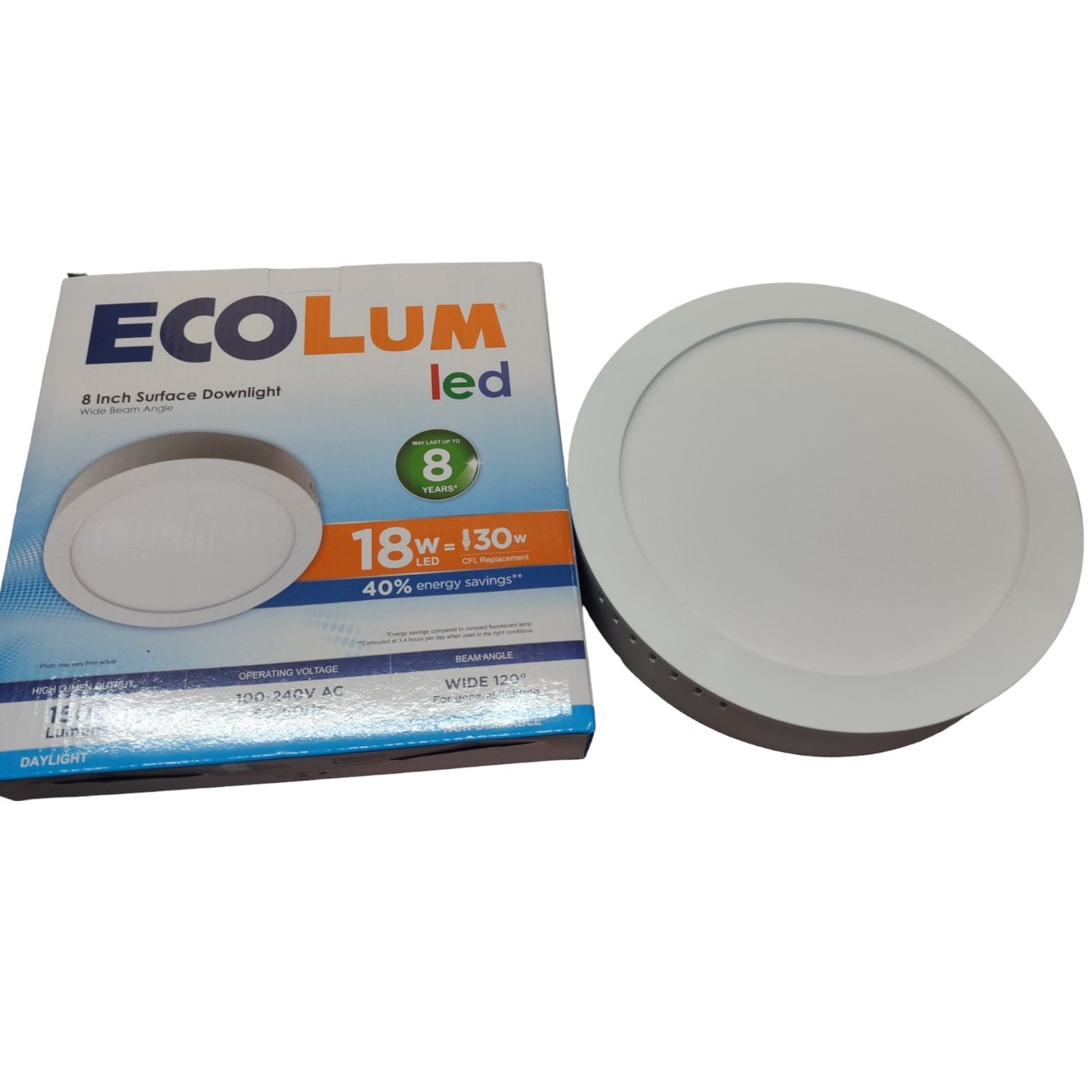 EcoLum LED downlight with packaging on a white background