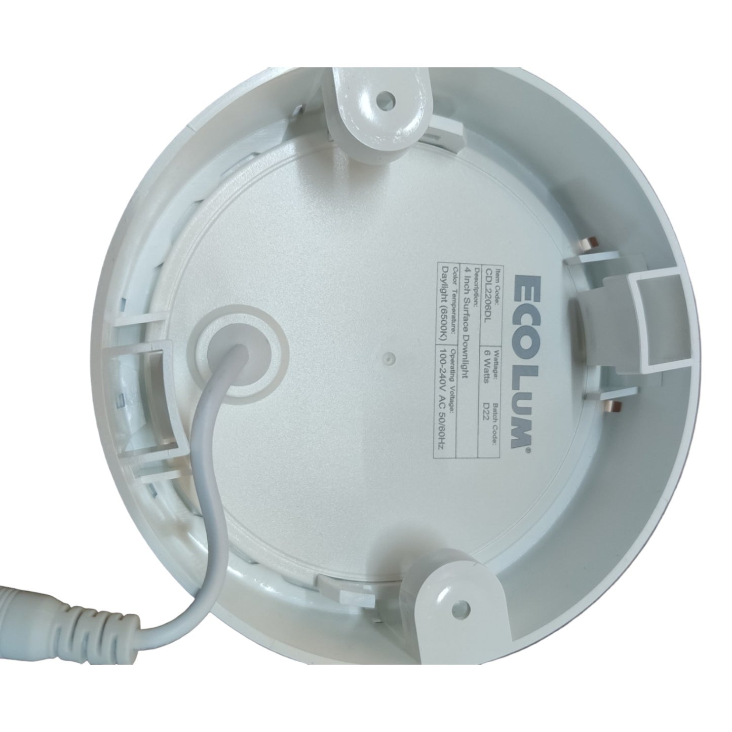 White ceiling light fixture with visible Ecolum branding on a white background