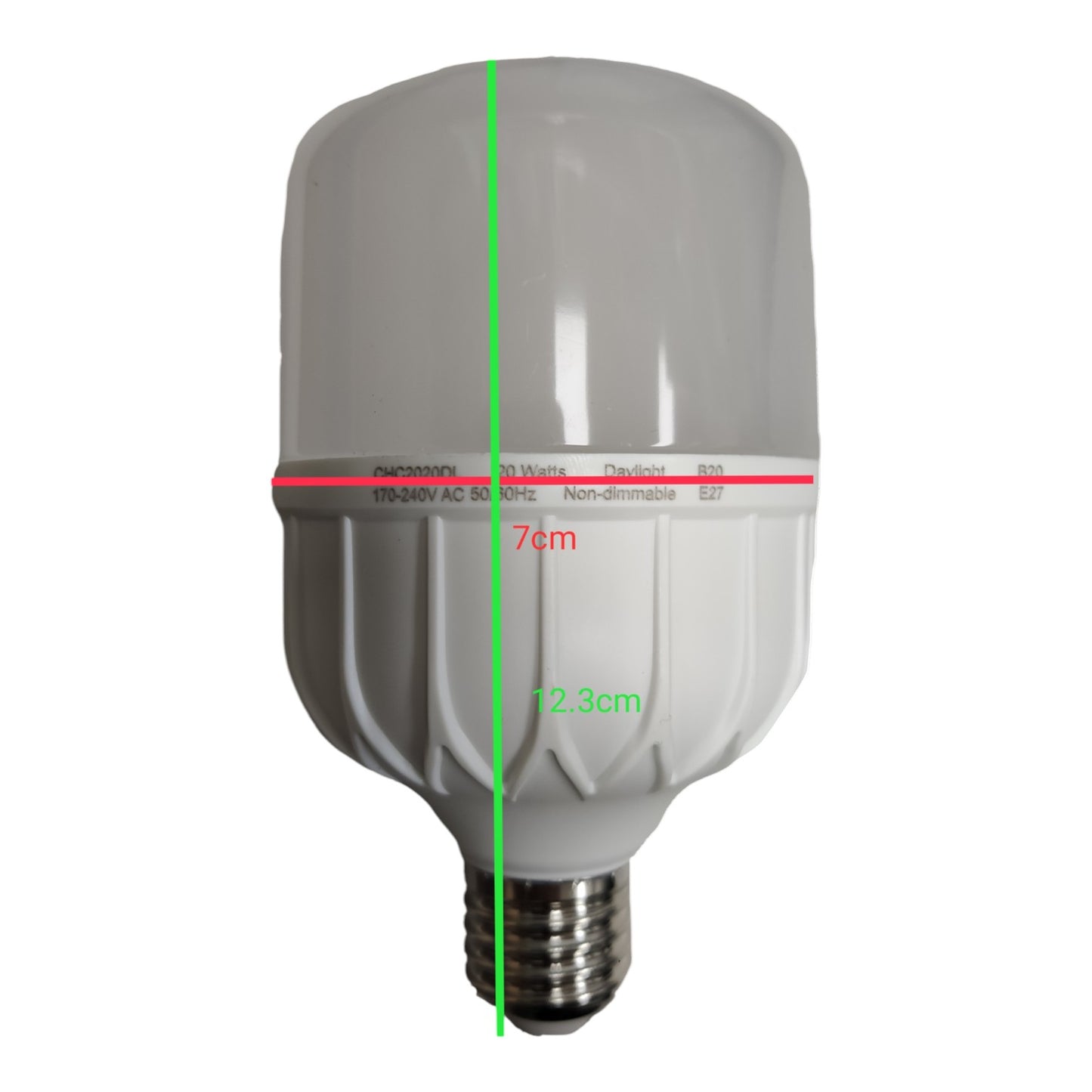 White LED light bulb with measurements on a white background