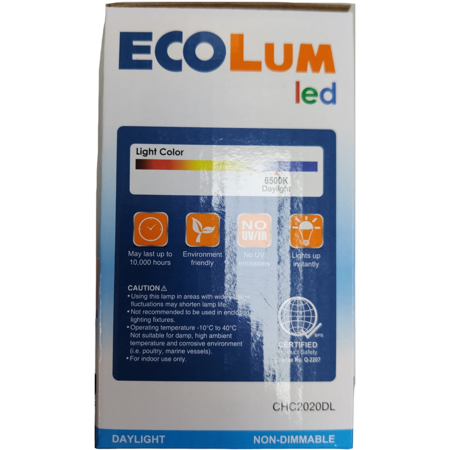 ECOLUM LED packaging with specifications on a white background