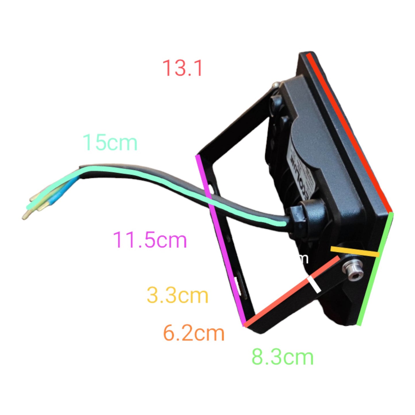 Black electronic component with labeled dimensions on a white background