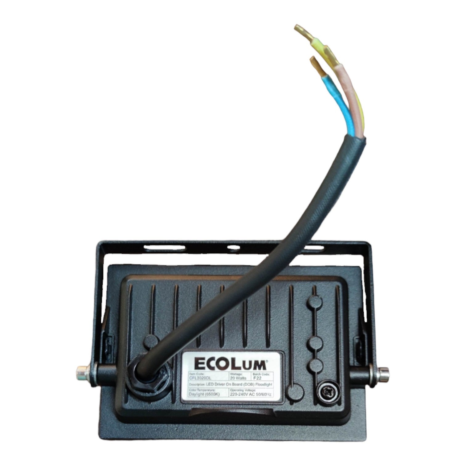 Electrical component with wires and ECOLUM branding on a white background