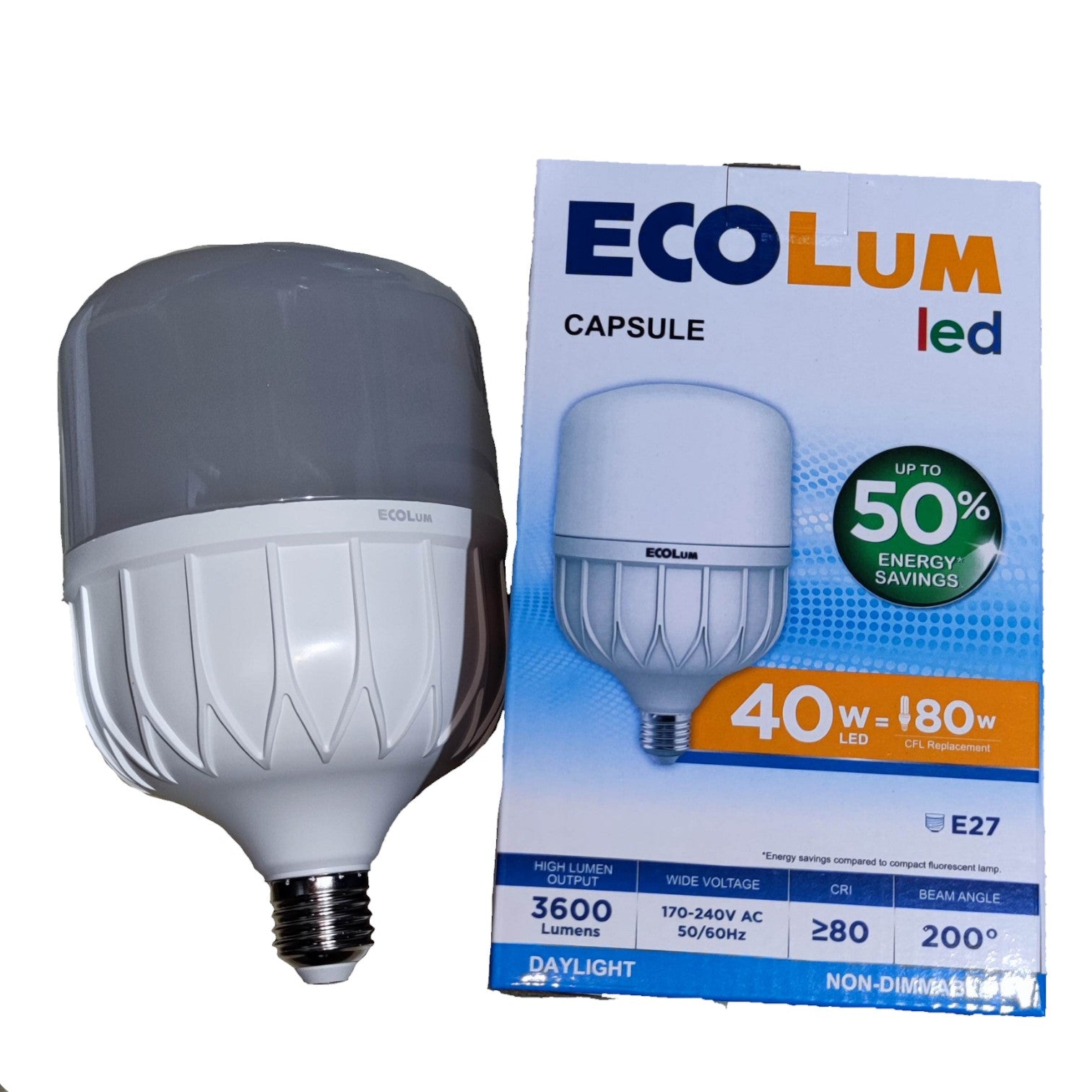 EcoLum LED bulb and its packaging on a white background