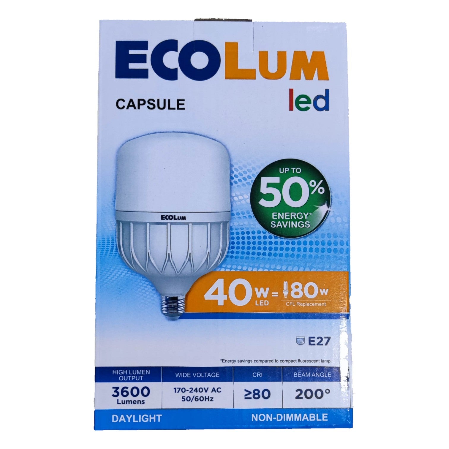Ecolum LED capsule light bulb packaging on a white background