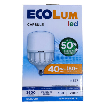Ecolum LED capsule light bulb packaging on a white background