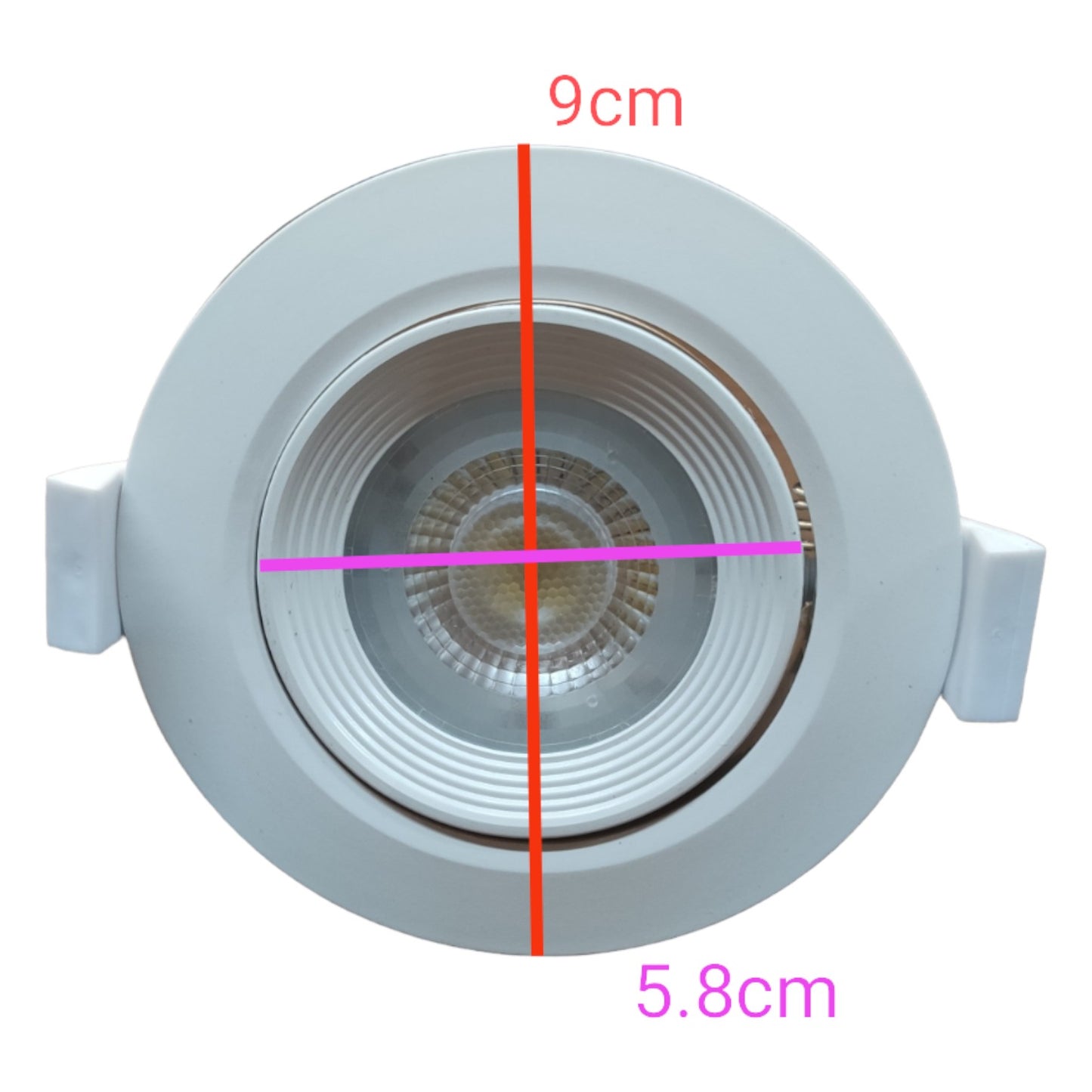 Round light fixture with measurements on a white background
