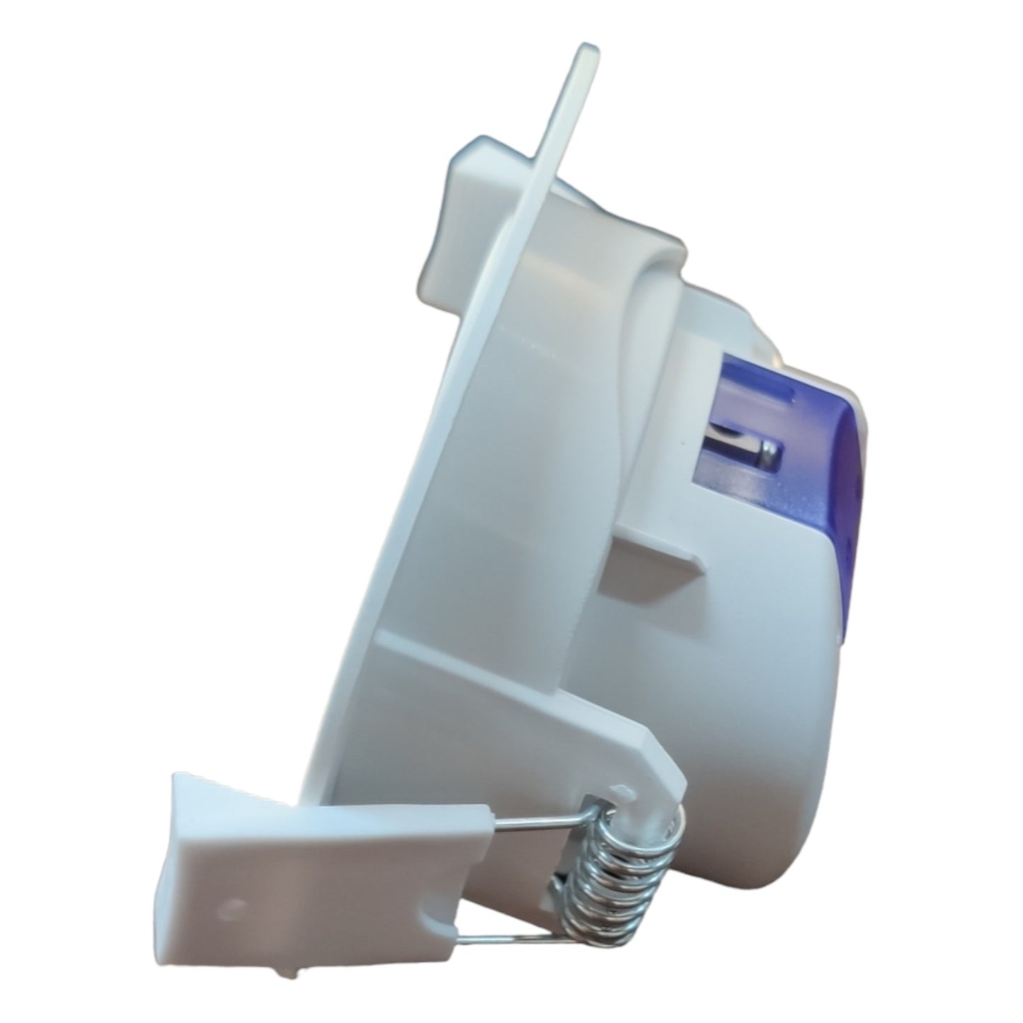 White plastic component with a spring on a white background