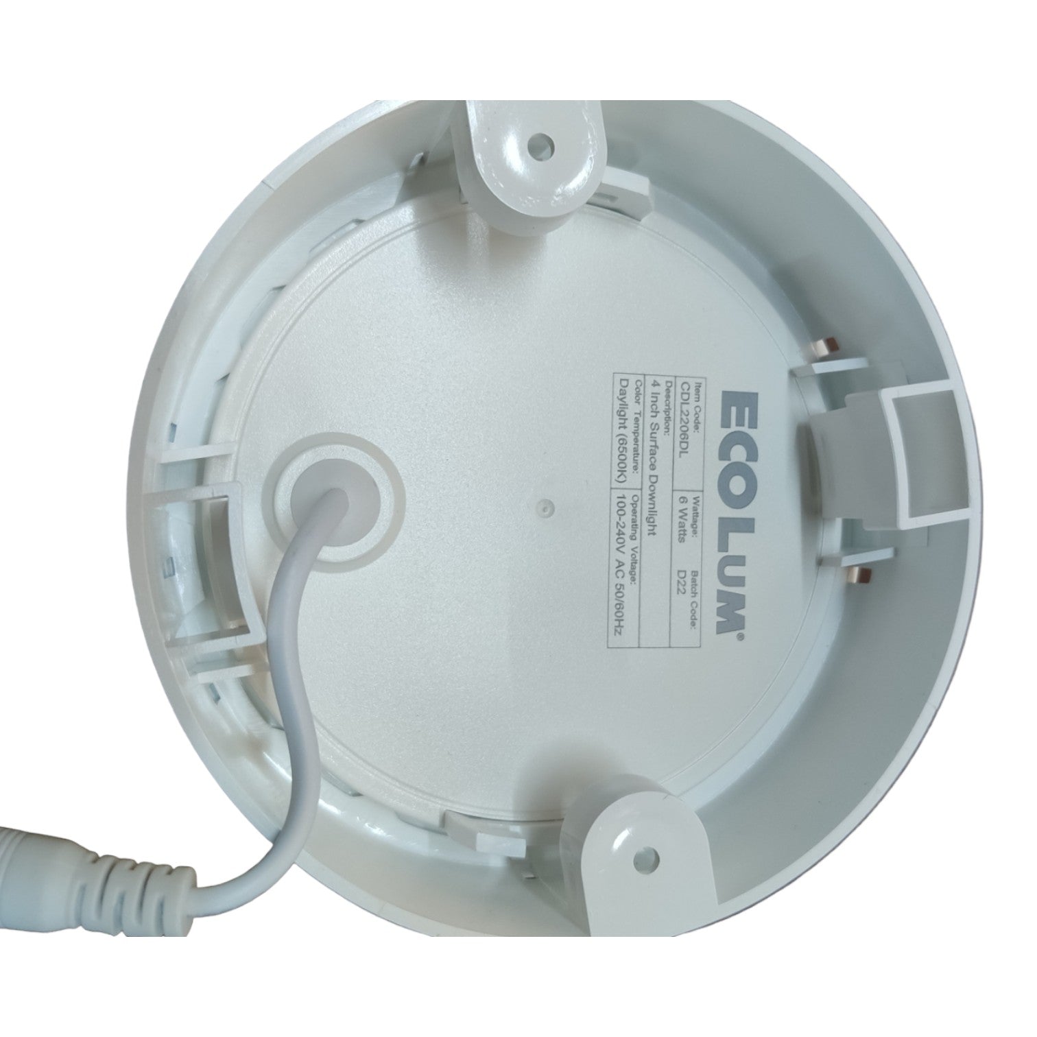 Close-up of a white ceiling light fixture with 'Ecolum' branding on a white background