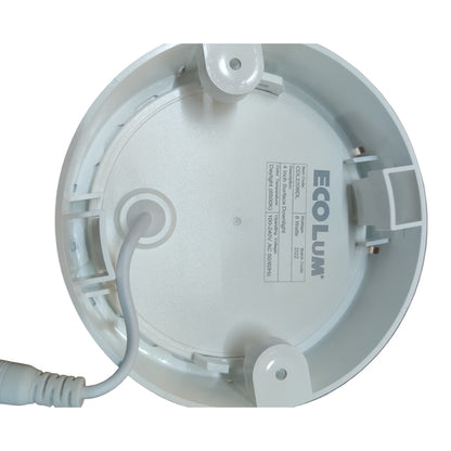 Close-up of a white ceiling light fixture with 'Ecolum' branding on a white background