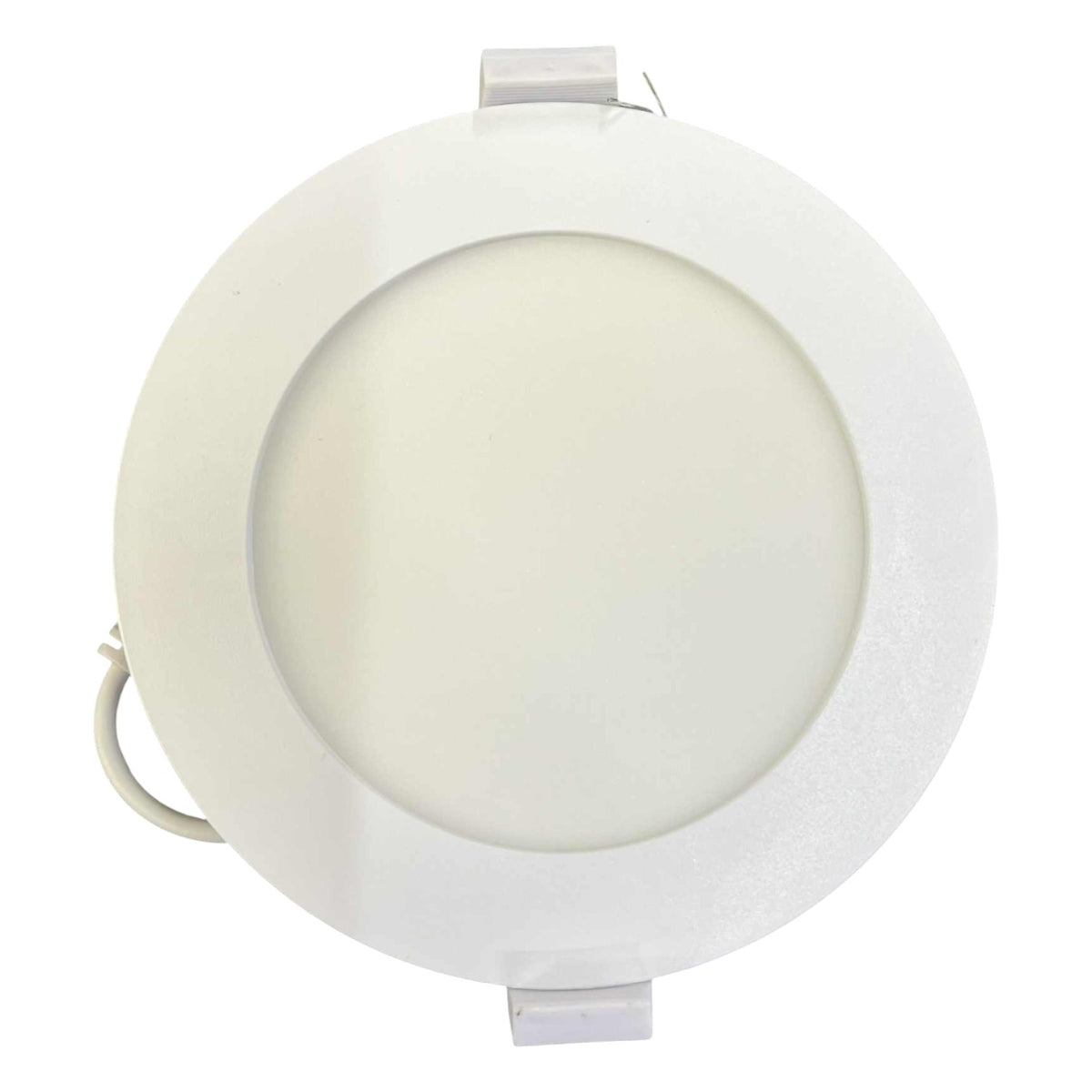 Round white LED downlight on a white background