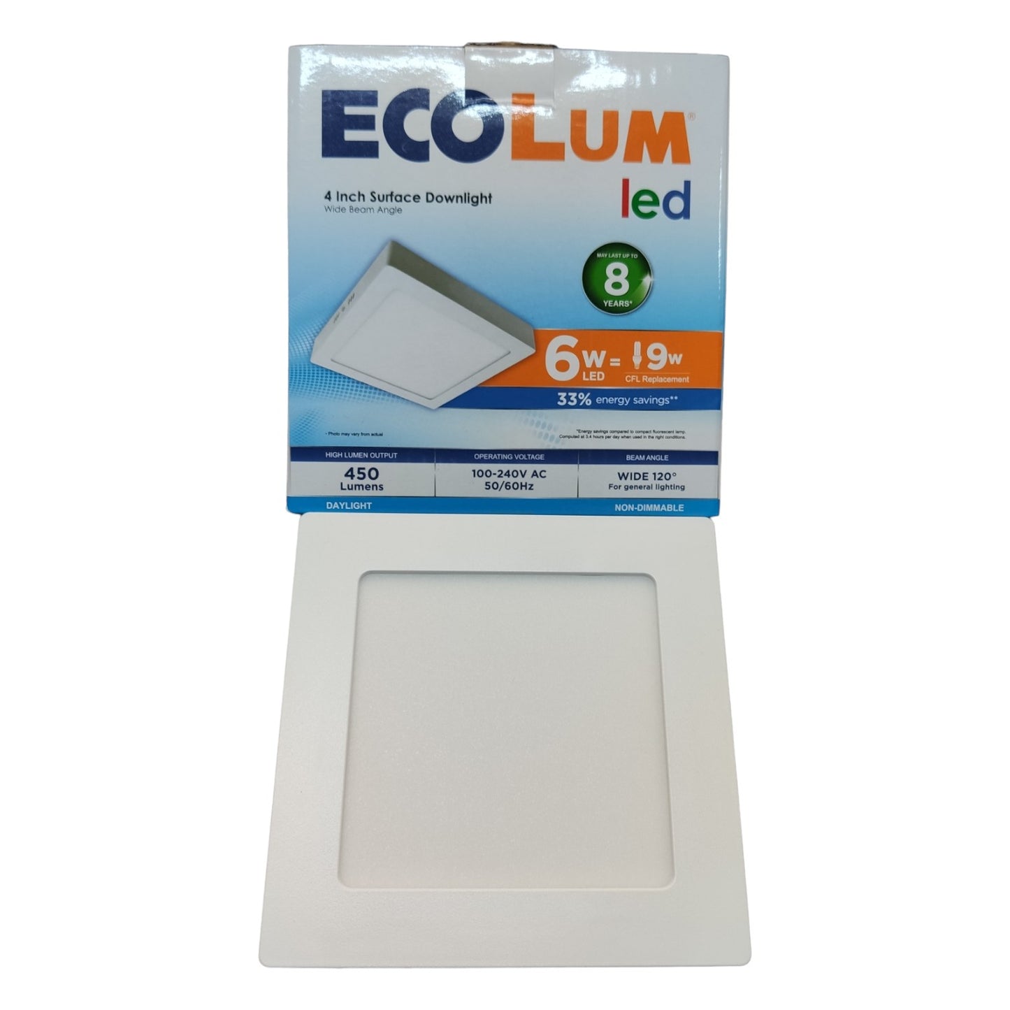 Ecolum LED surface downlight packaging on a white background