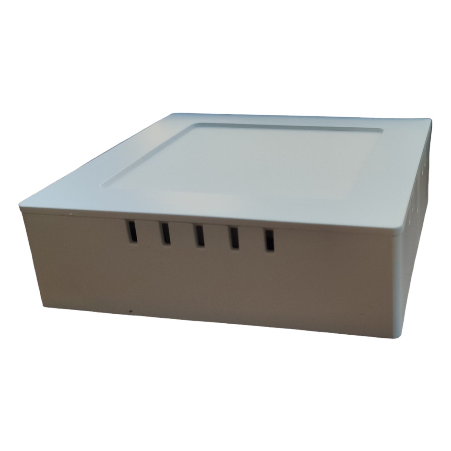 Rectangular metal box with a white top and beige base on a white background