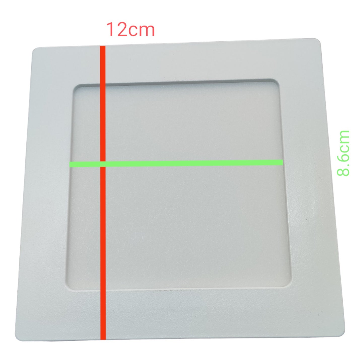 Square light fixture with dimensions marked on a white background