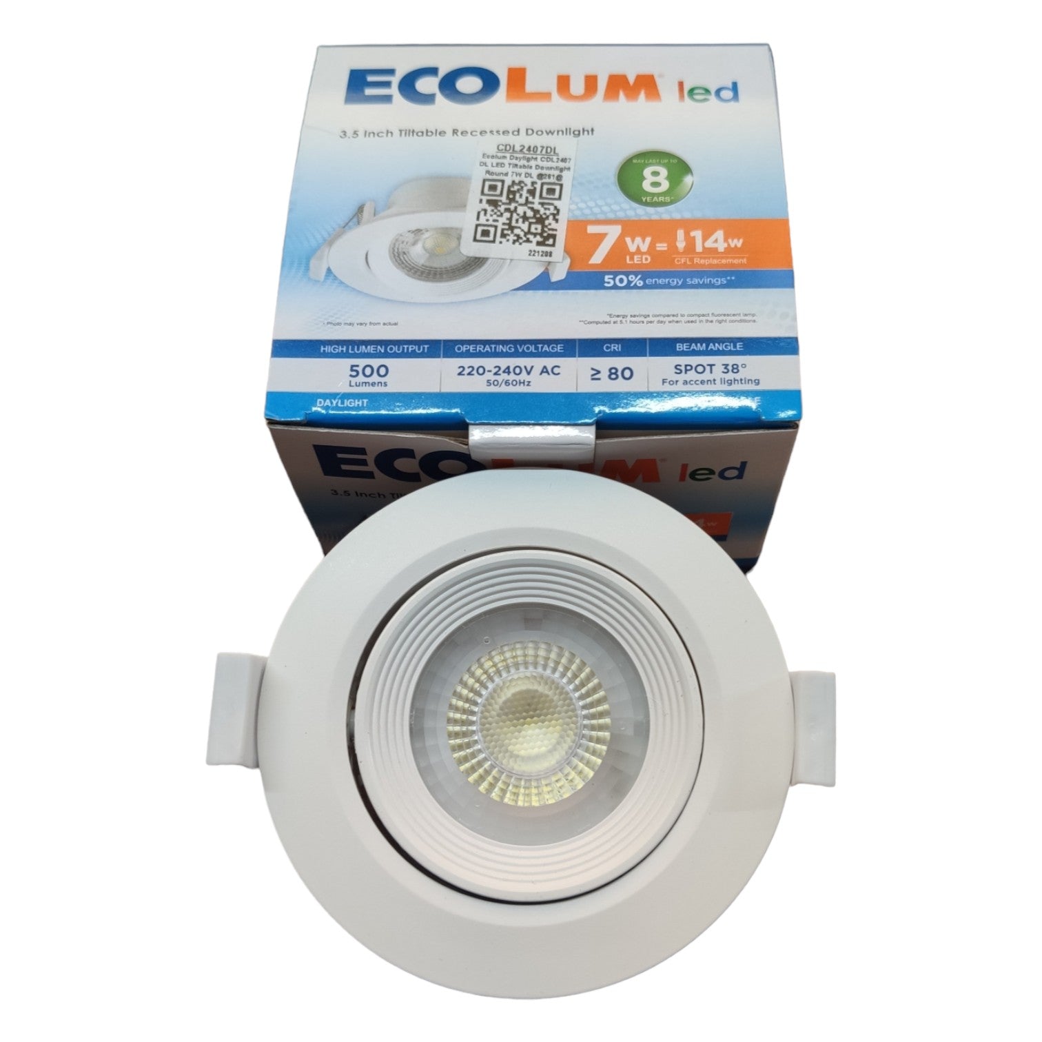 LED downlight with packaging displaying ECOLUM branding on a white background