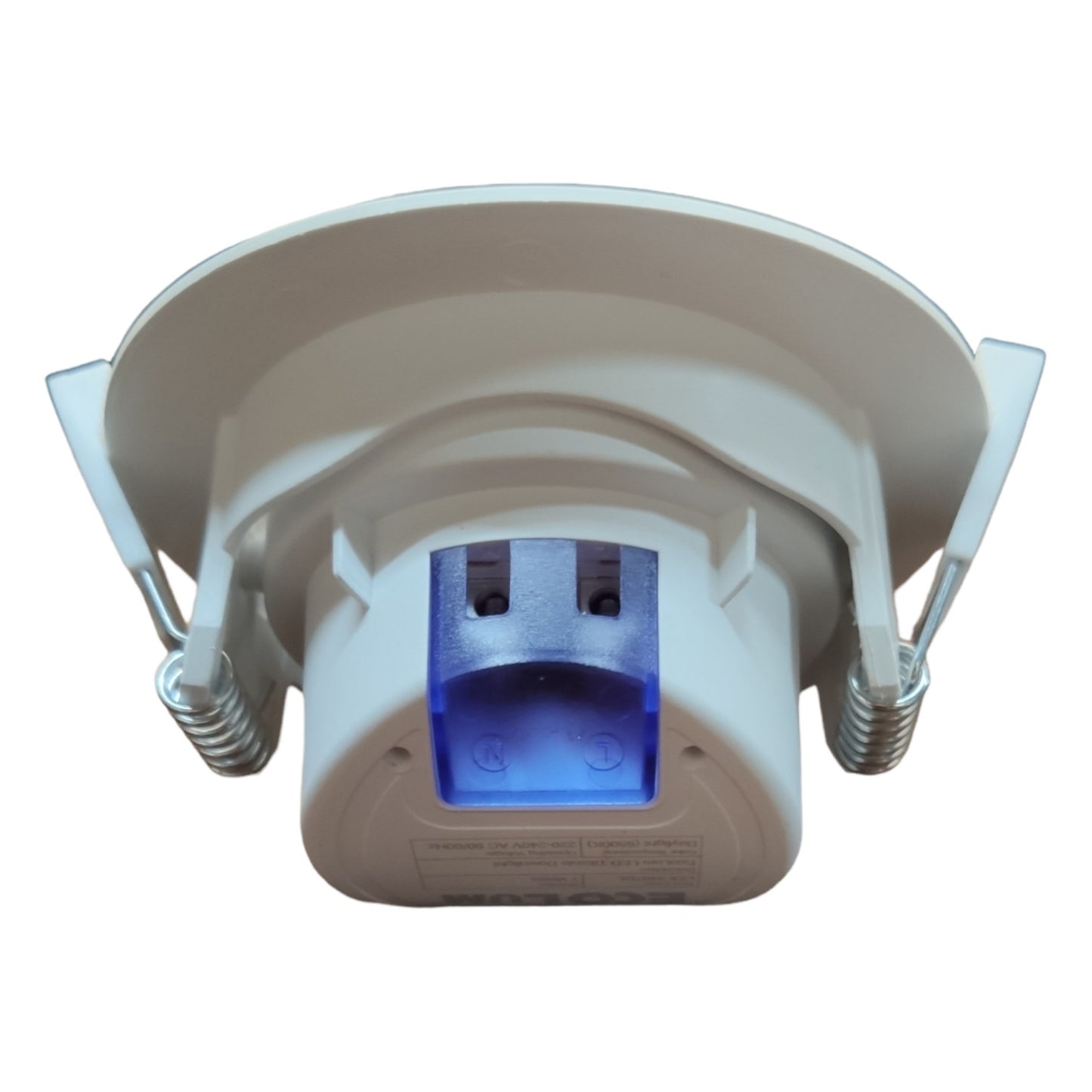 Ceiling light fixture with a blue light on a white background