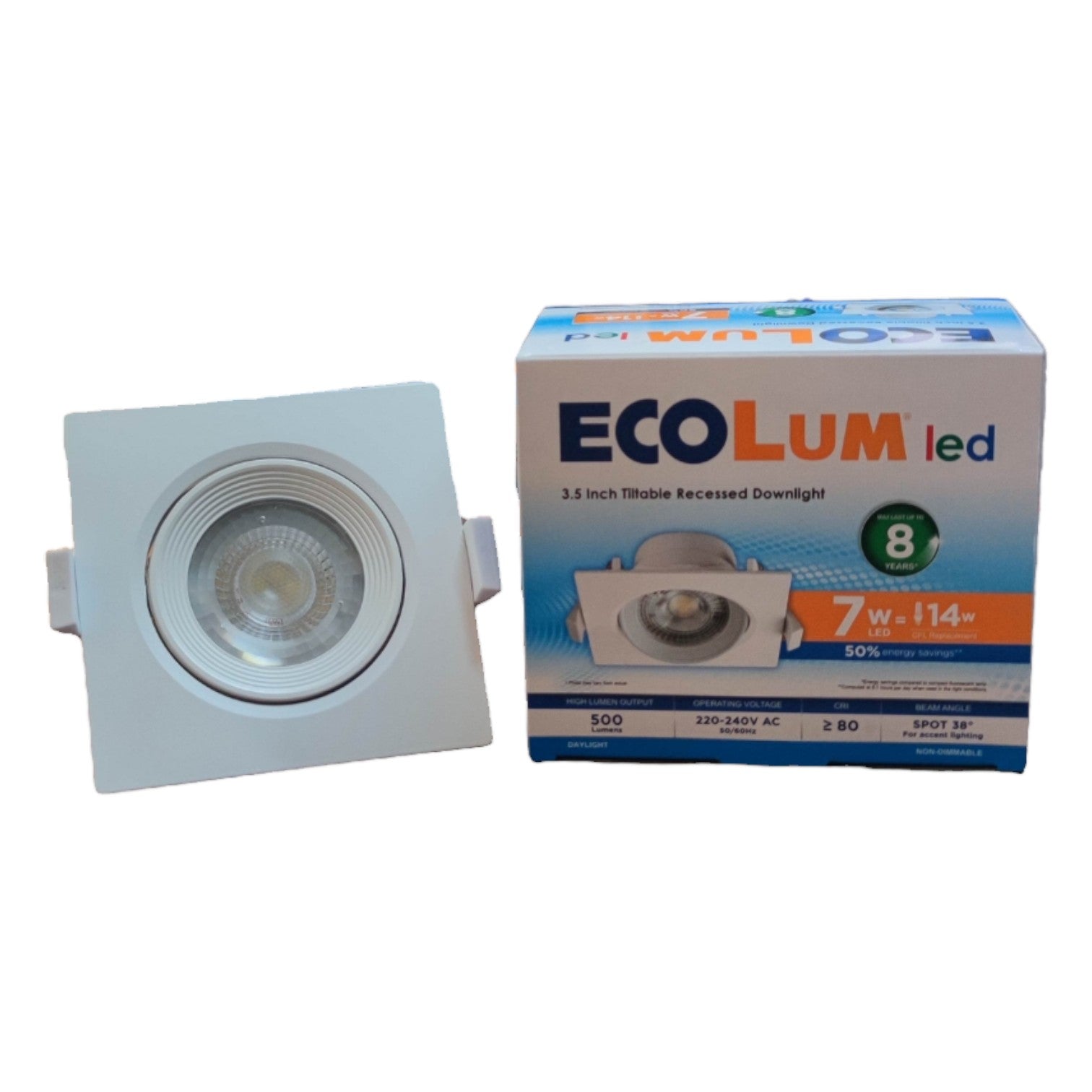 Square recessed downlight and its packaging with ECOLUM branding on a white background