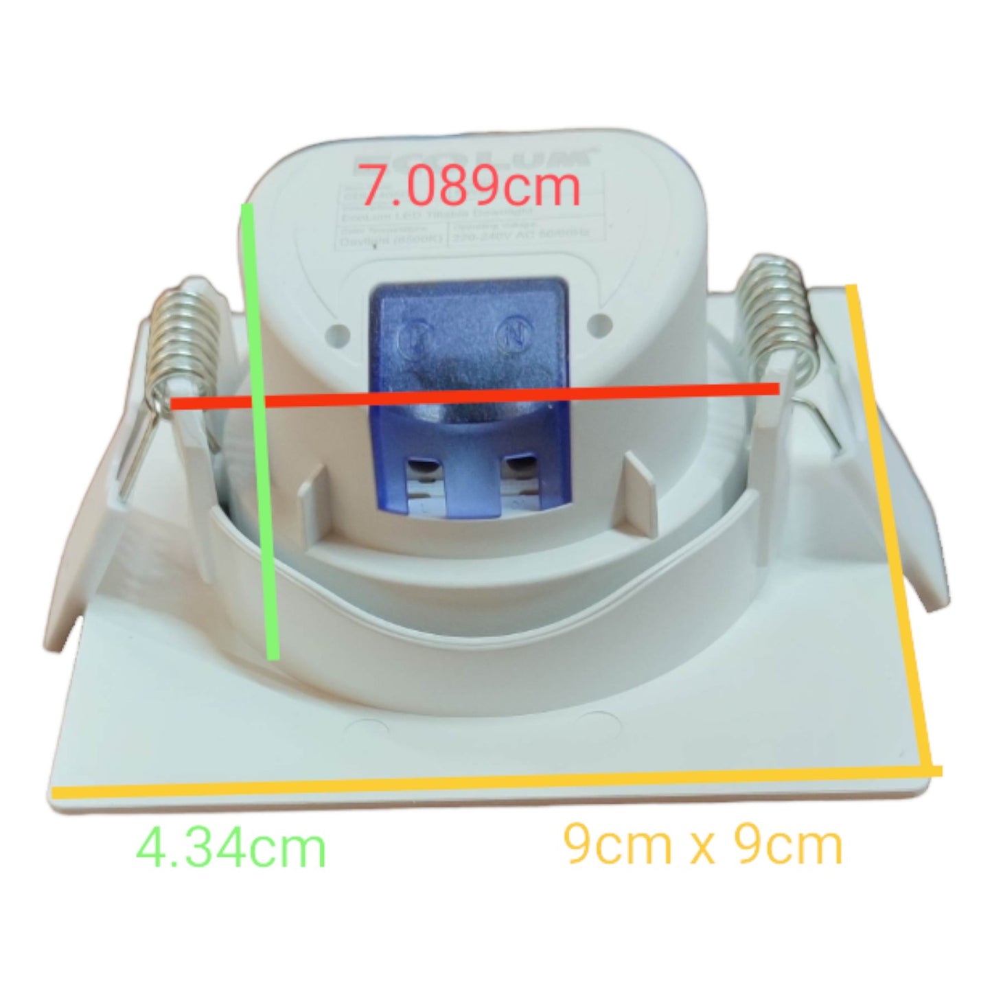 Measurement details of a square light fixture with dimensions labeled.