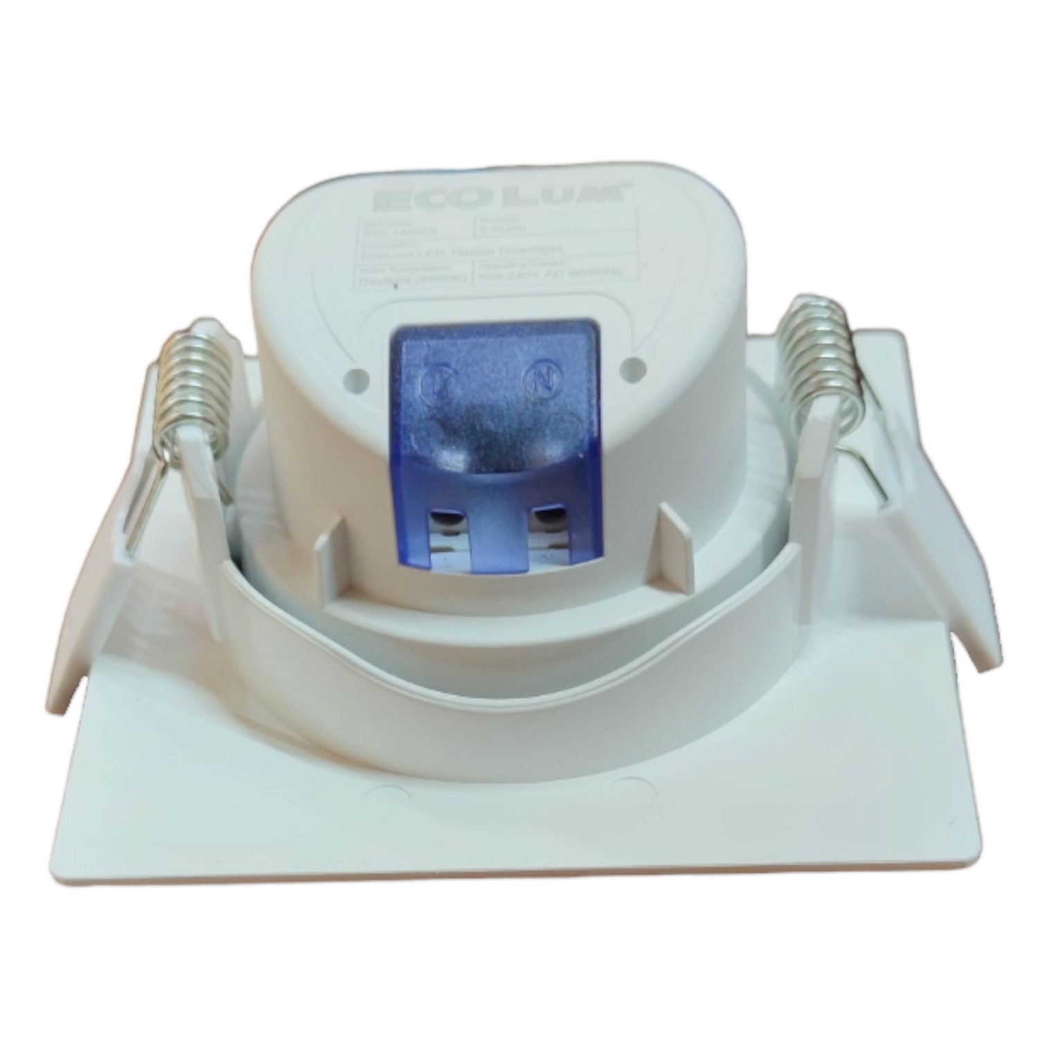 White electronic device with a blue light on a white background