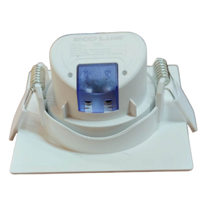 White electronic device with a blue light on a white background