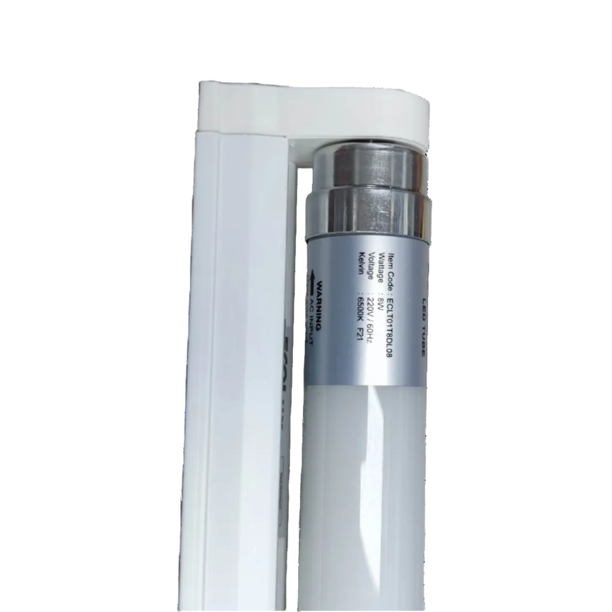 Ecolum 8W LED T8 fluorescent lamp with white casing and metal end cap for energy-efficient lighting
