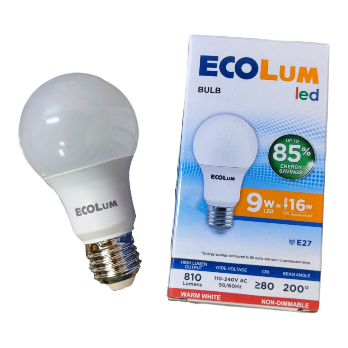 Ecolum LED bulb and packaging on a white background