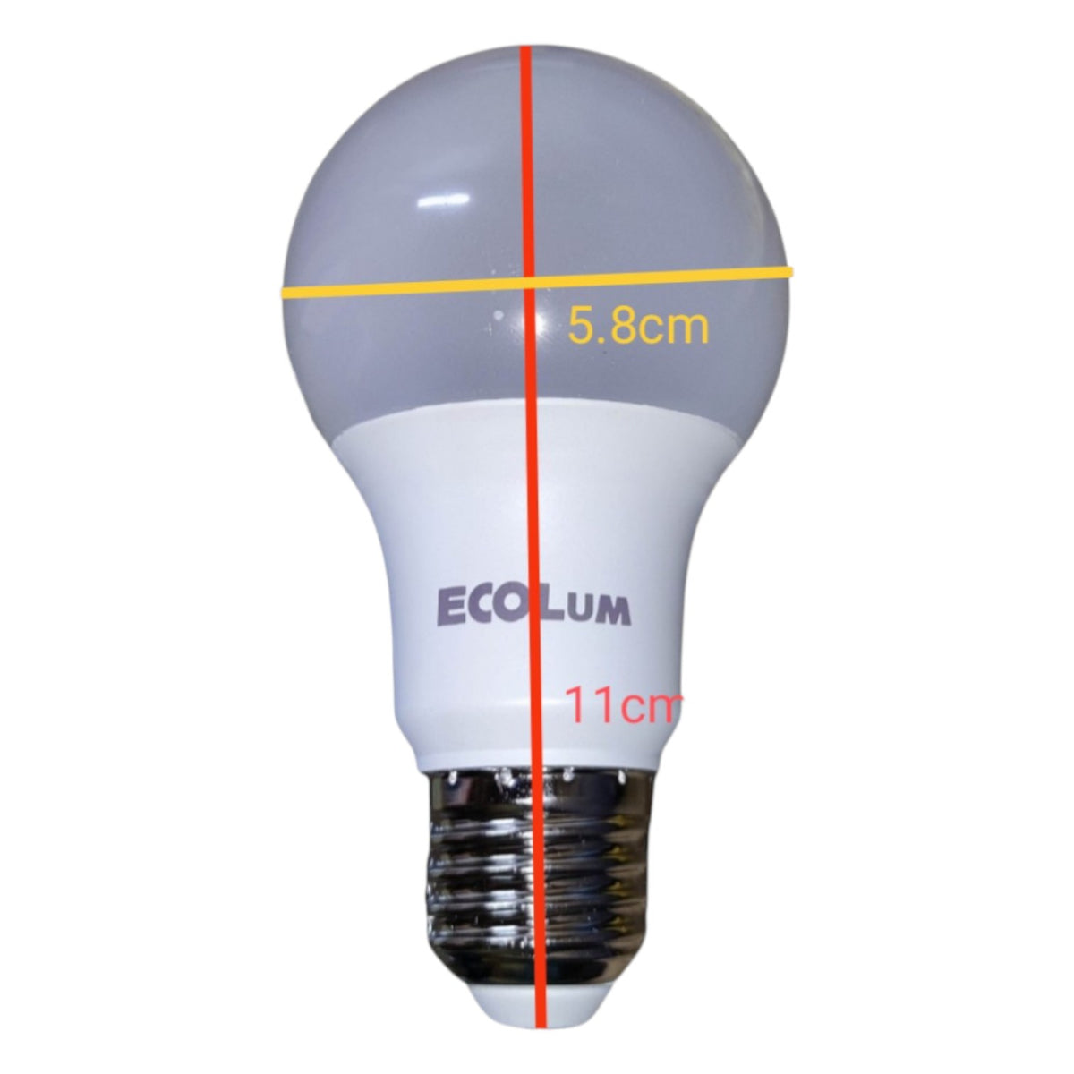 EcoLum light bulb with measurements on a white background