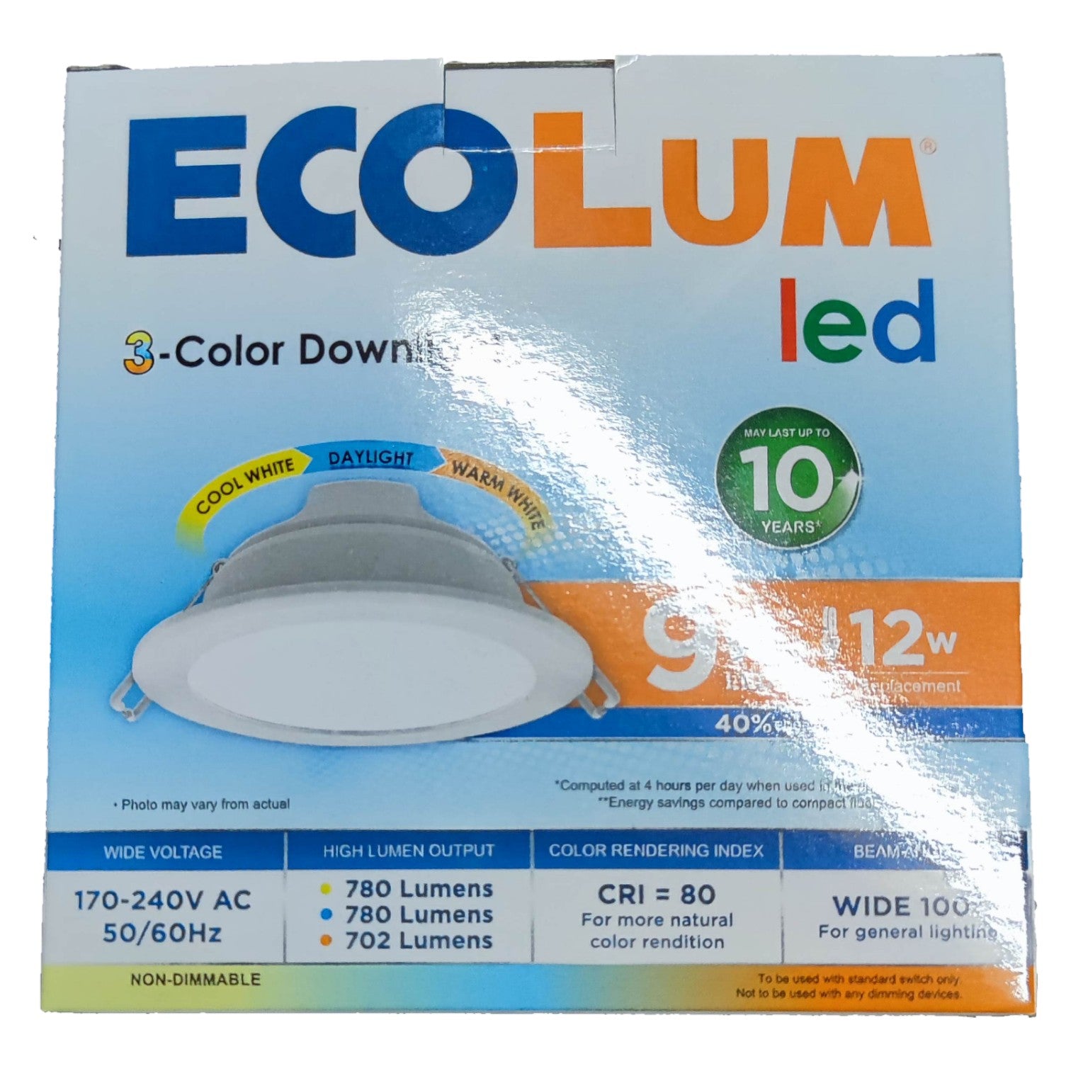 Ecolum LED light bulb packaging with product details on a white background