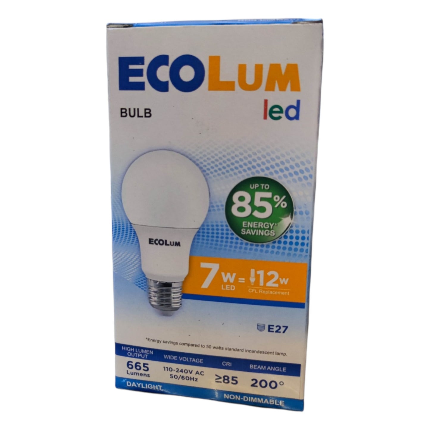 Ecolum LED bulb packaging on a white background
