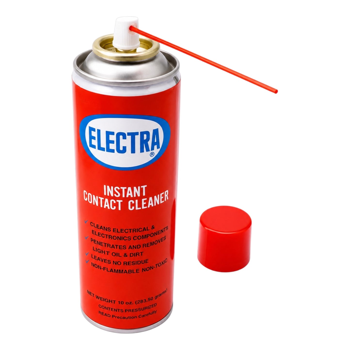 A red can of ELECTRA Instant Contact Cleaner with a silver metal top, a red applicator straw, and a separate red cap on a plain white background.