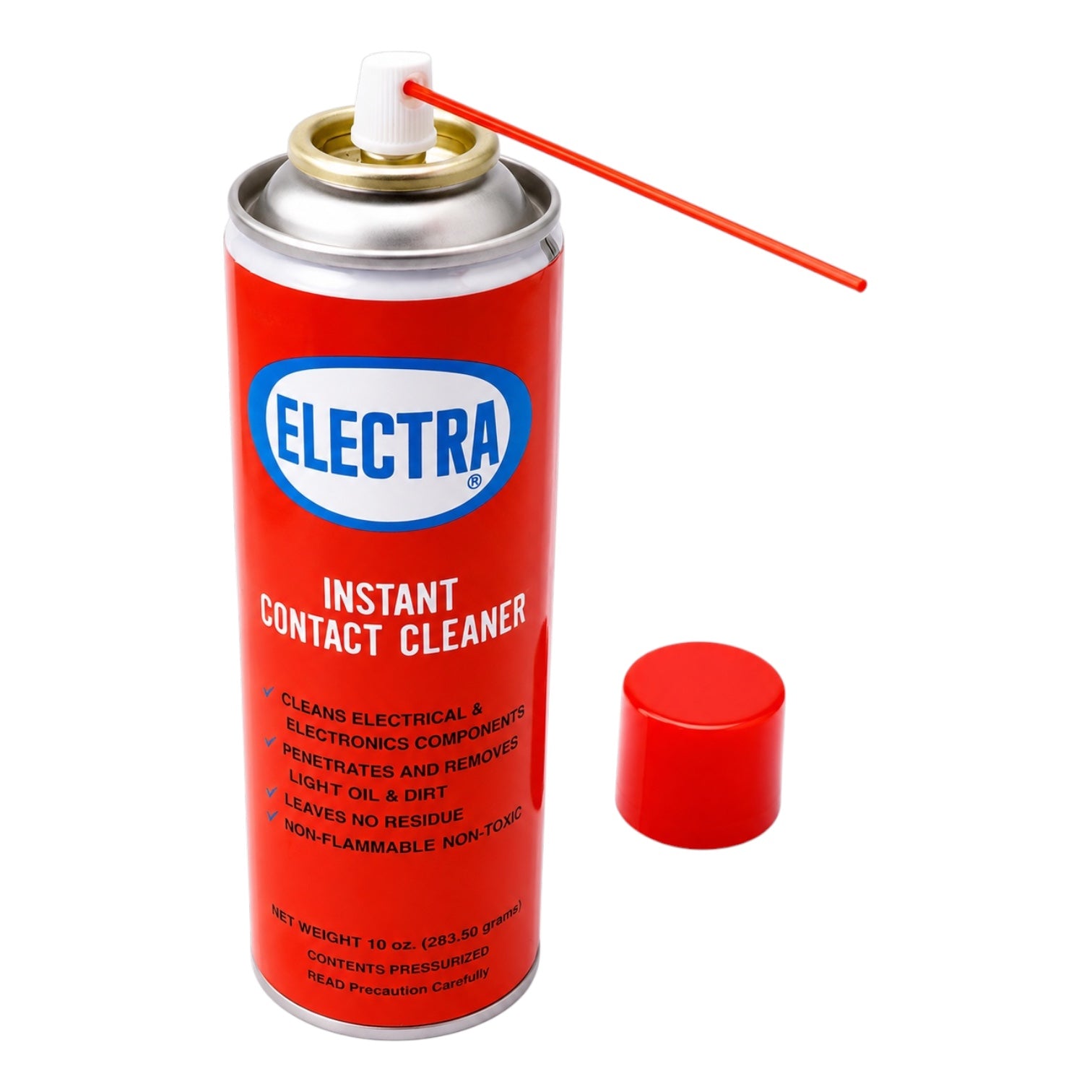 A red can of ELECTRA Instant Contact Cleaner with a silver metal top, a red applicator straw, and a separate red cap on a plain white background.
