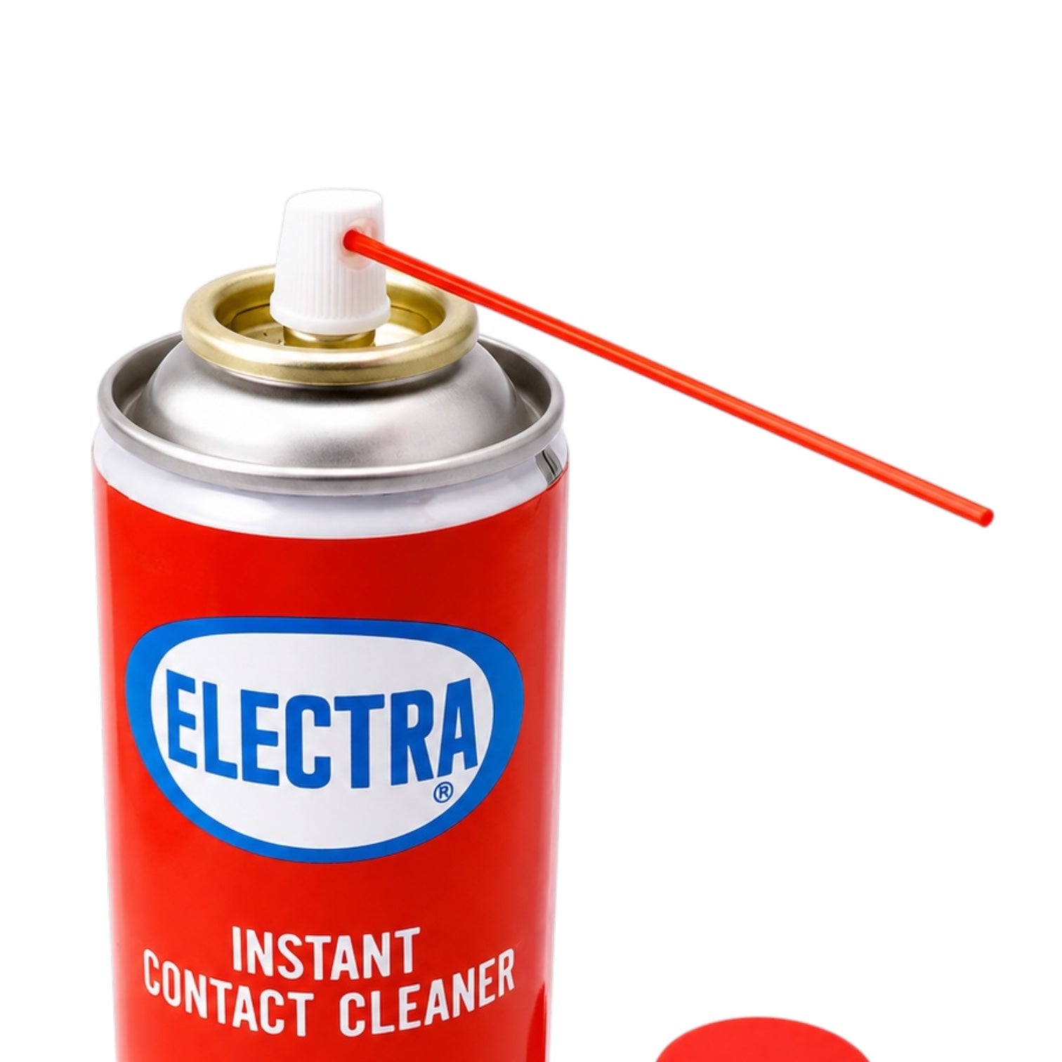 A red can of Electra Instant Contact Cleaner with a silver metal top, white spray nozzle, and a red applicator straw, shown on a white background with the cap partially visible at the bottom right.