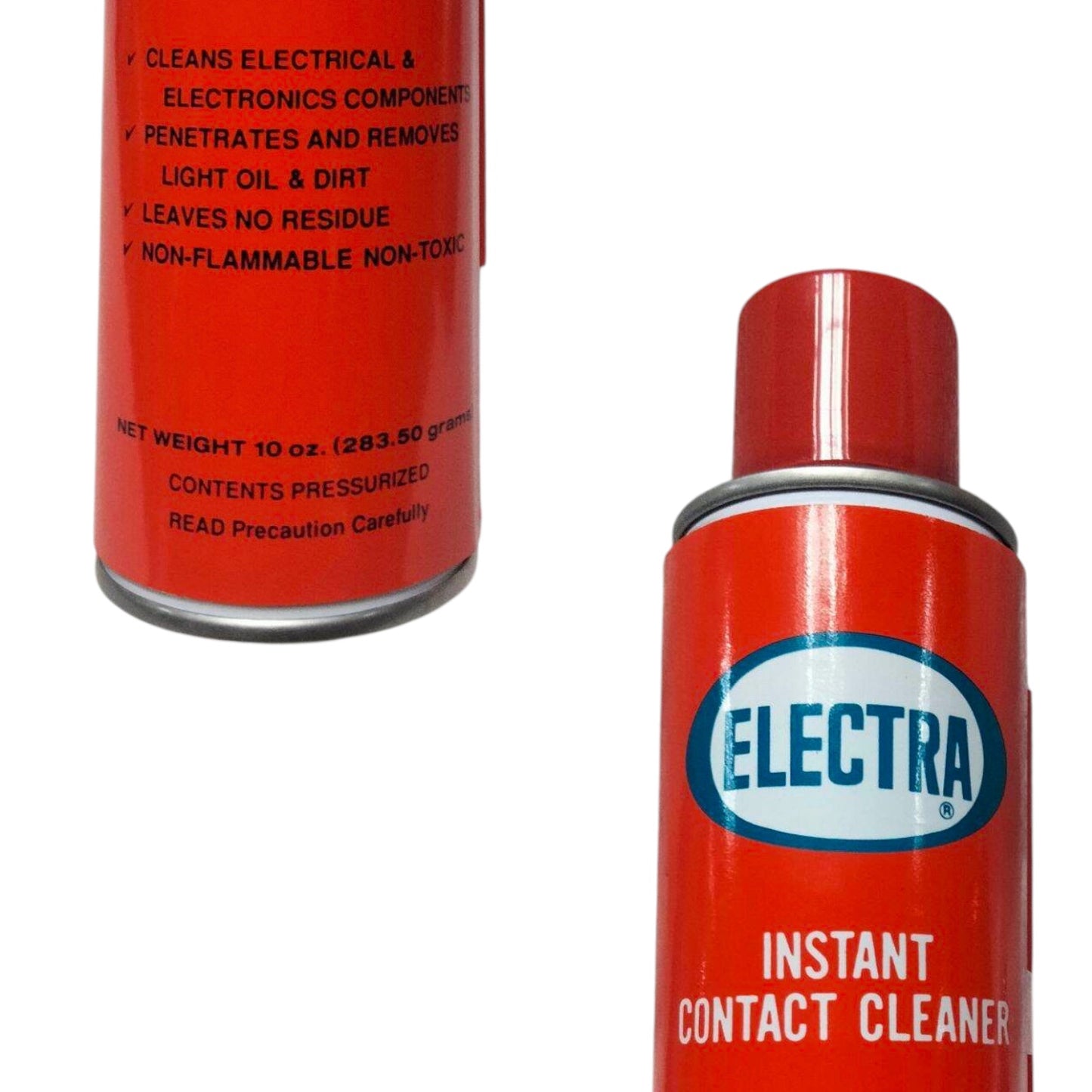 Electra Instant Contact Cleaner spray can in red, shown with the label partially visible on the left and the full can on the right against a white background.