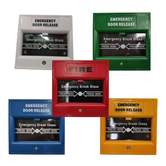 Five emergency door release buttons in different colors: white, green, red, blue, and orange. Each button has a clear cover with printed instructions and the words 'Emergency Door Release' or 'Emergency Break Glass'.