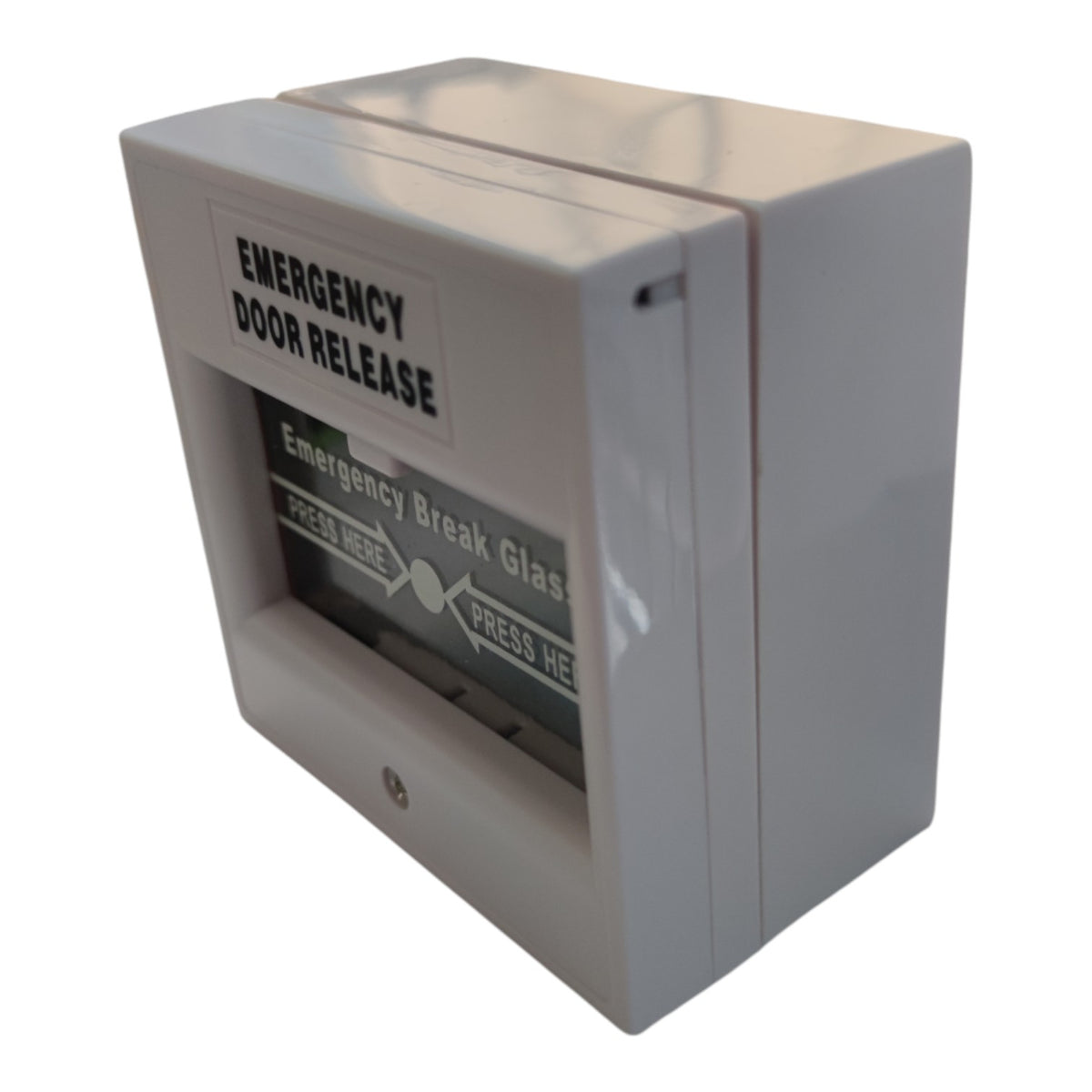 A white plastic emergency door release device with a front label reading 'EMERGENCY DOOR RELEASE' and a glass-breaking release window showing directional instructions.