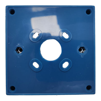 A square blue plastic mounting plate or adapter with a central circular cutout, four smaller circular cutouts, and four corner screw holes, shown on a white background.