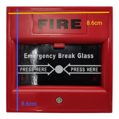 Red fire alarm emergency break glass push panel with printed instructions and dimensions labeled 8.6cm on a white background.
