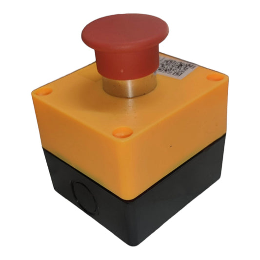 An industrial emergency stop button with a red top mushroom head, mounted on a yellow and black plastic housing, shown on a white background.